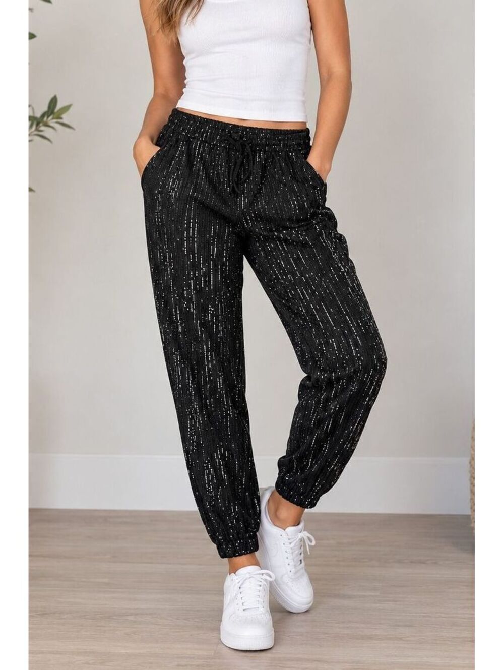 Black Sequin Fully Lined Elastic Waist Jogger Pants Size Large